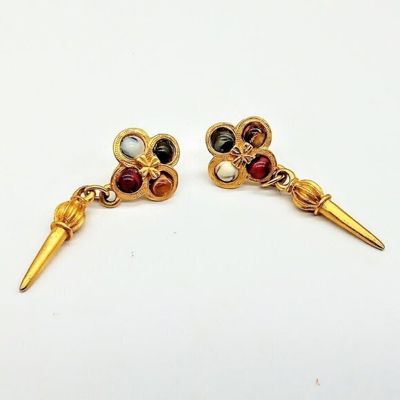 Brushed Matte Gold & Stone Pierced Drop Fashion Earrings - Picture 4 of 5